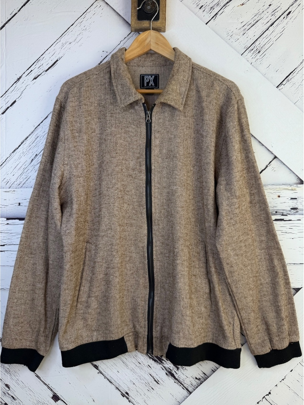 PX Clothing Academia Herringbone Tweed Bomber Full Zip Jacket Retro Men’s Large
